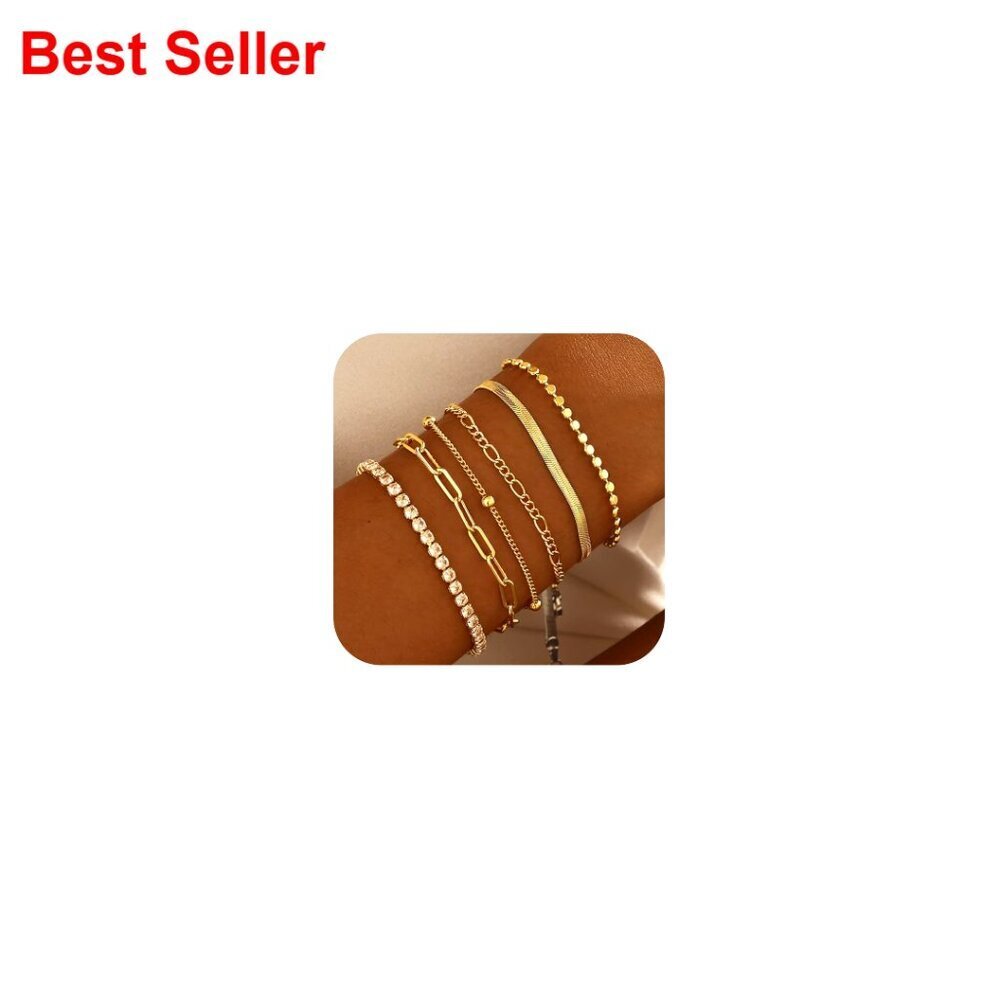 Gold Plated Bracelets Set, 6-Piece Stackable, Adjustable Length